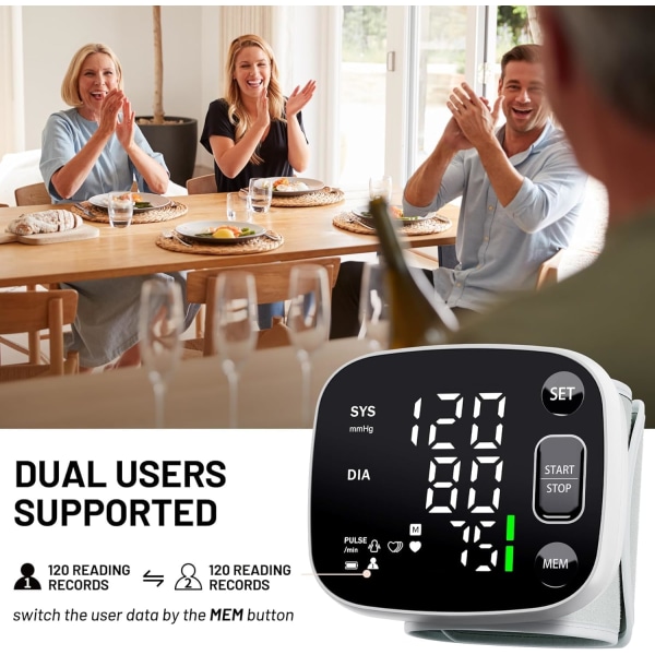 Blodtryksmålere til hjemmebrug Genopladelig blodtryksmanchet Håndled Digitalt BP-apparat med LED-baggrundsbelyst display, stemmeudsendelse, 240 hukommelse