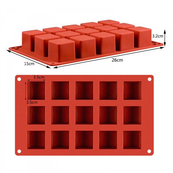 3D firkantet silikoneform firkantet mousse kage bageform dessertforme til cheesecake/gele/brownie/ (15-hulrum)