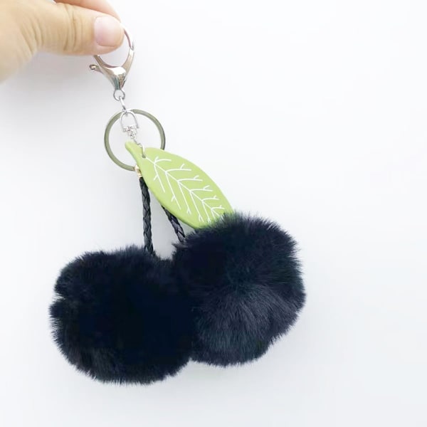 Pom Pom Nøkkelring Kunstig Pels Ball Nøkkelringer Fluffy Tote Anheng Bil Veske Sjarme Cherry Black