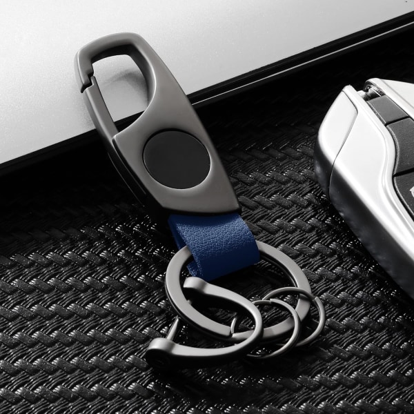 Karabinhage nøglering, nøgleringe til bilnøgle med 2 nøgleringe og anti-tabt D-ring, multifunktionelle nøgleringe til mænd og kvinder - Grå (Blå læder) Grey Blue Leather