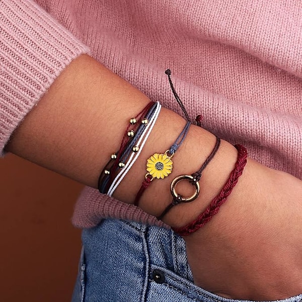 Solrossträngarmband Handgjort Flätad Rep Charm Boho Surfer Armband för Kvinnor Wine