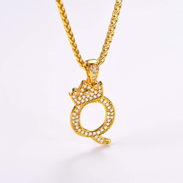 Krone Initial A-Z Halskæde, Iced Out Bogstav Vedhæng med 22-24 Tommer Kæde, Mænd Kvinder Bling Hip Hop Alfabet Navn Smykker Gave Store Initialer Halskæder Q 18K Gold