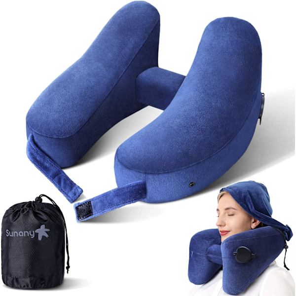 Nackkudde för resor Uppblåsbar flygplansdyna Stöder bekvämt huvud, nacke och haka, uppblåsbar resedyna med mjuk velouröverdrag, hatt, bärbar Blue with Hat