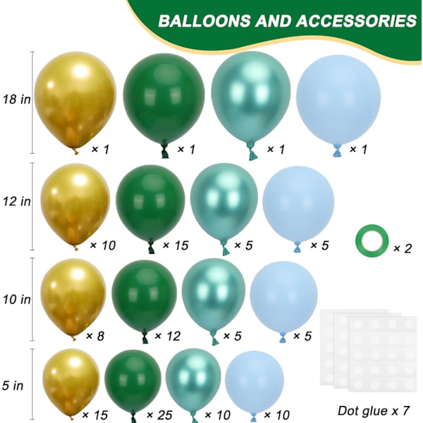 129 stk. grønne og gyldne balloner i forskellige størrelser, pakke med 18 12 10 5 tommer til grønne metalliske gyldne balloner guirlande bue tema balloner kit som tropisk ju Green and Gold