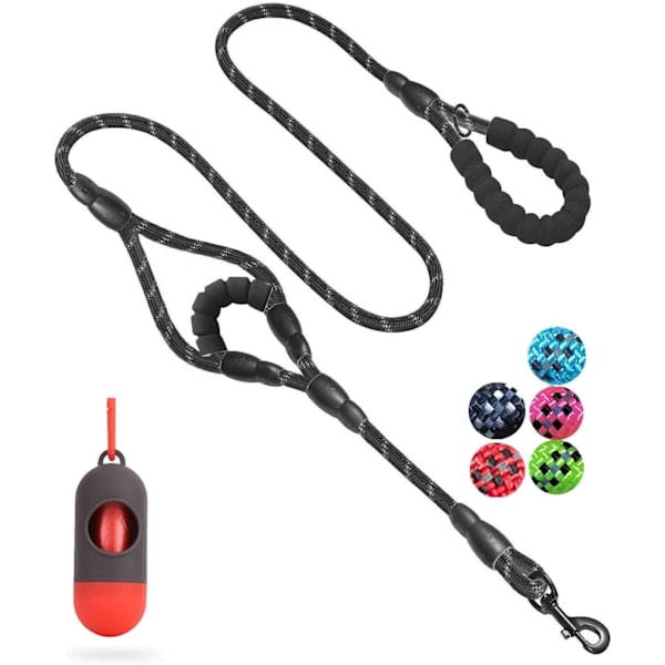 Hundehalsbånd, 5 FT Heavy Duty Dobbelthåndtak Hundeleie med Komfortabel Polstret og Reflekterende, Tau Hundeleie for Små, Mellomstore, Store Hunder (Tau-Svart) Black Large,Medium,Small