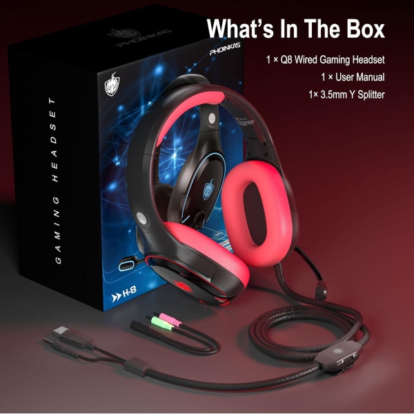 H-8 PC Gaming Headset til PS4, PS5, Controller, Xbox One Headset med stereolyd, Over Ear-hovedtelefoner med støjreducerende mikrofon, LED-lys, lydstyrke Red