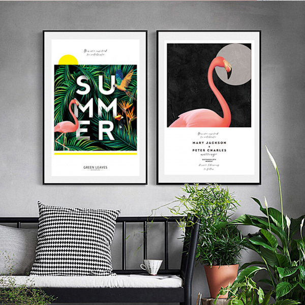 Sommer Flamingoer Vægkunst Lærredstrykplakat, Enkelt Modekunst Tegning Dekor