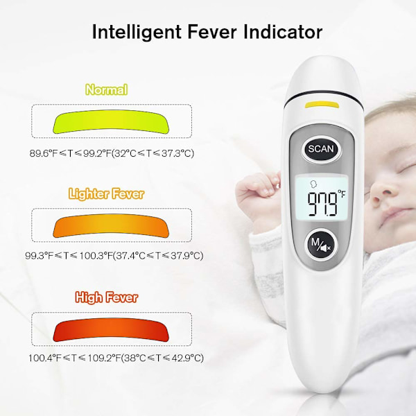 Termometer til voksne, berøringsfrit digitalt infrarødt termometer til feber, øre- og pandetermometer til baby og børn, med LCD-skærm