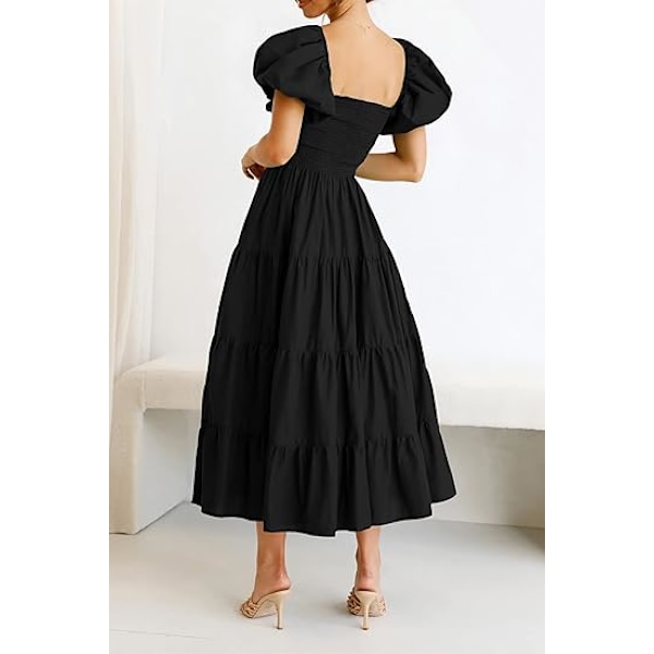 Dame 2025 Sommer Casual Midi Kjole Puf Korte Ærmer Firkantet Hals Smock Tiered Flæsekjoler XL