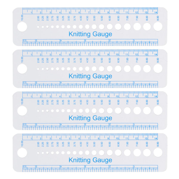 4 kpl muovista neulepuikkomittaria, neulepuikkomittari, mittaustyökalu, selkeä asteikko, joustava neulepuikkomittari