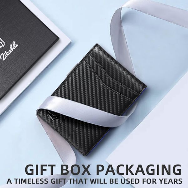 Slim Plånbok för Män Present 12 Kortplatser ID-Fönster med Pengaclip Minimalistisk RFID Främre Fickan Bifold Läder Liten Tunn Presentask Pappa Födelsedag Christ Carbon Black and Blue