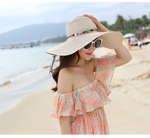 Dame Solhatt Stråhatt Stor Floppy Sammenleggbar Strandhatt Solhatt Sum Beige
