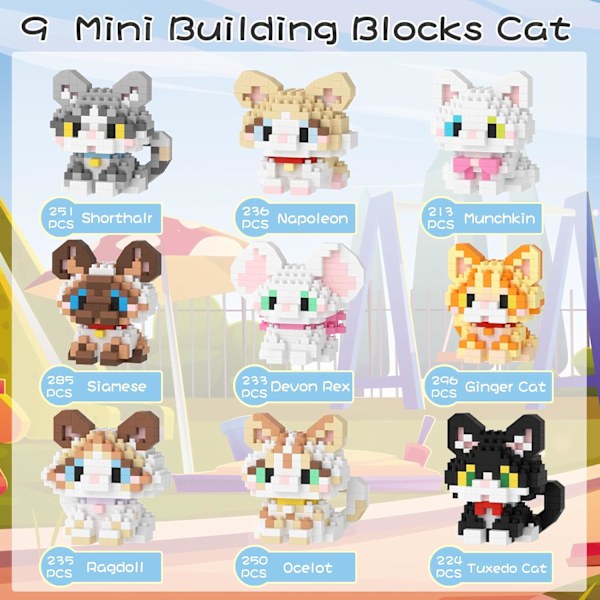 Mikro Mini Byggeklodser Katteserie, Dyremodel Legetøj Festgaver til Børn, Kreative Byggeklodser Legetøj, Fødselsdagsgave til Dreng Pige 6-12+ Munchkin Cats