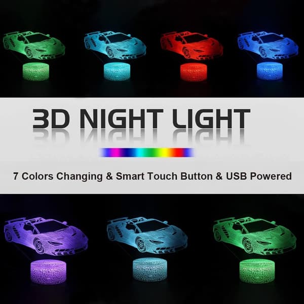 Bil 3D Natlampe Biler til Drenge Børn 3D Lampe Lys Julegave