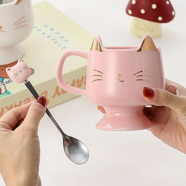 Sød Kattekrus til Katteelskere - Keramisk Kaffekrus med Ske, Perfekt til Katteglade Piger og Valentinsdags Krus Gaver Pink