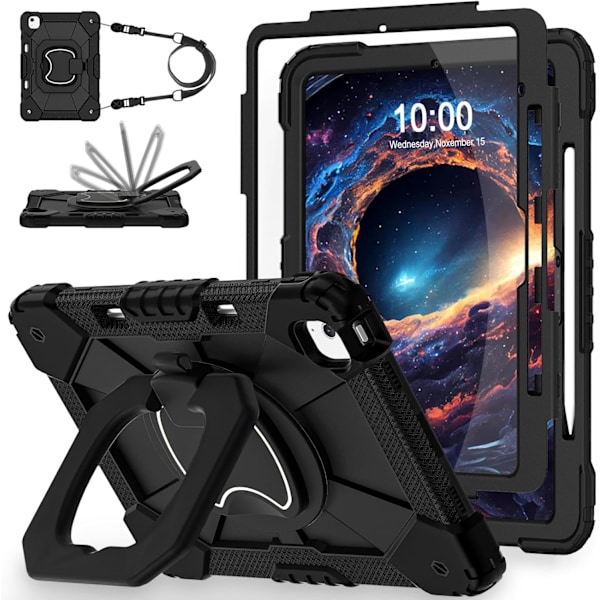 IPad Air 13 tuuman suojakotelo M3/M2 2025/2024, jossa kynäteline/näytönsuoja/360° kääntyvä jalusta, sotilastason iskunkestävä suojus iP:lle Black Black iPad Air13 2024