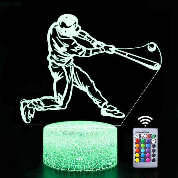 Baseball nattlys for gutter, LED 3D illusjonsbordlampe med fjernkontroll, 16 fargeendrende nattlampe for soveromsdekorasjon