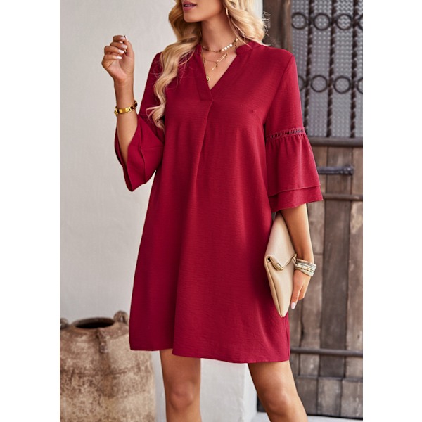 Puff Sleeve Solid Color Loose Flowy Mini Dress (Vinrød M)