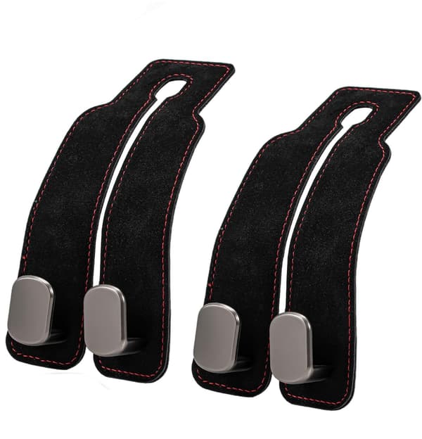 Mocka Bil Nackstöd Krokar 2-Pack: Dubbel Krok Organizer för Väskor, Handväskor & Förvaring i Bilen (Svart/Grå/Brun) Black