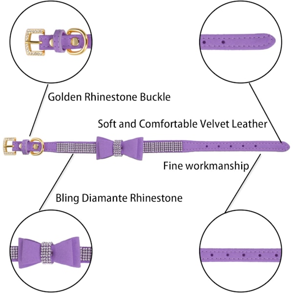 Crystal Hundhalsband med fluga Rhinestone Valphalsband Bli Purple 30x1.5cm