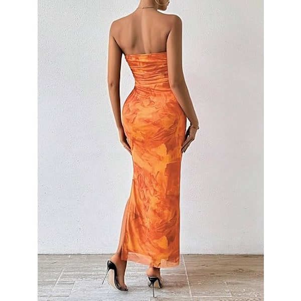 Sommerkjole til kvinder med print, stropløs tube top kjole, bodycon maxikjole med sideslids og lag af mesh S