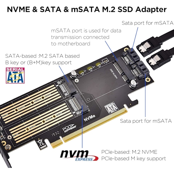 3 i 1 M.2 og mSATA SSD-adapterkort for M.2 NVME/NGFF SSD til PCIE-adapter, mSATA til SATA-adapter med aluminiums kjøleribbe for Windows, Mac og Linux O