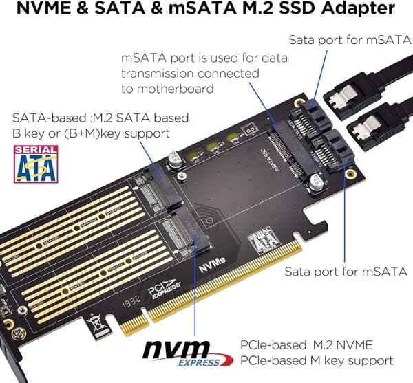 3 i 1 M.2 og mSATA SSD-adapterkort til M.2 NVME/NGFF SSD til PCIE-adapter, mSATA til SATA-adapter med aluminiumkøleplade til Windows, Mac og Linux O