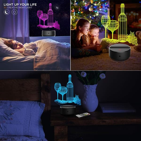 3D Natlampe Vinglas Flaske Led Lys Optisk Illusion La