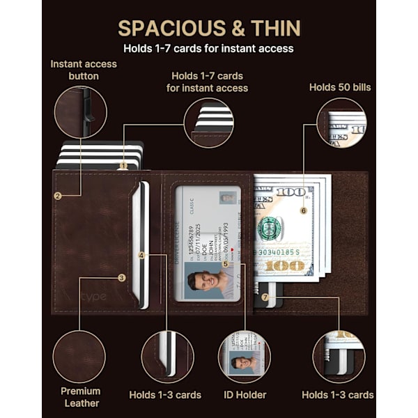 Herre pung kortholder: Pop-up aluminium etui, RFID-blokering, kulfiberlæder, smart, slank, minimalistisk, forlomme - 9-14 kortkapacitet | ID W ‏‏‎ ‎‏‏‎ ‎‎Dark Brown
