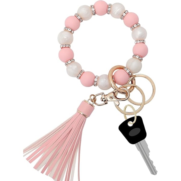 Silikon nøkkelring armbånd for kvinner, elastisk perlearmbånd nøkkelring med zirkon og dusk til morsdaggave Pink