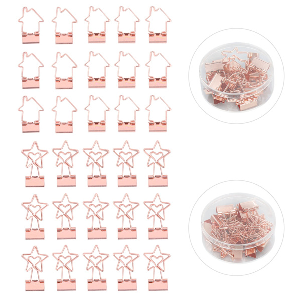 30 st små pappersklämmor roséguld hållbara metallstjärna och hus stil ihåliga bindeklämmor för dokument kläder papper