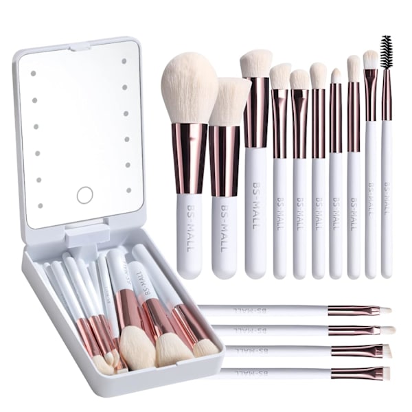 Resesminkborste Set Foundation Puder Concealers Ögonskuggor Makeup Set med LED-ljus Spegel 14 st White