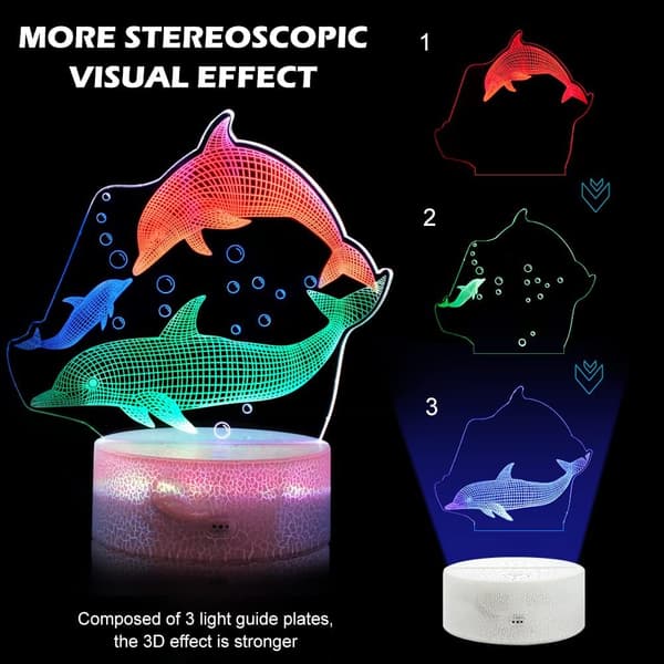 Delfin 3D Natlampe, Dynamiske RGB Farver Skiftende 3D Illus