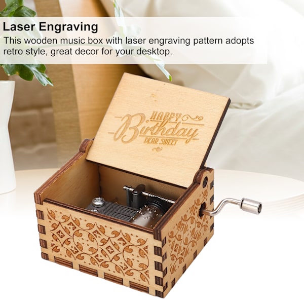 Træ Musikæske Happy Birthday Håndsving Retro Stil Holdbar Træ Lasergravering Musci Box til Børn Hjemmekontor