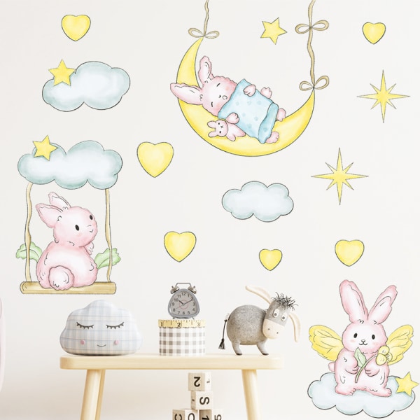 Tegneserie Bunny Swing On The Moon vægklistermærker til børneværelset dekorative vægdekorationer i vinyl PVC aftagelige kanin babyklistermærker