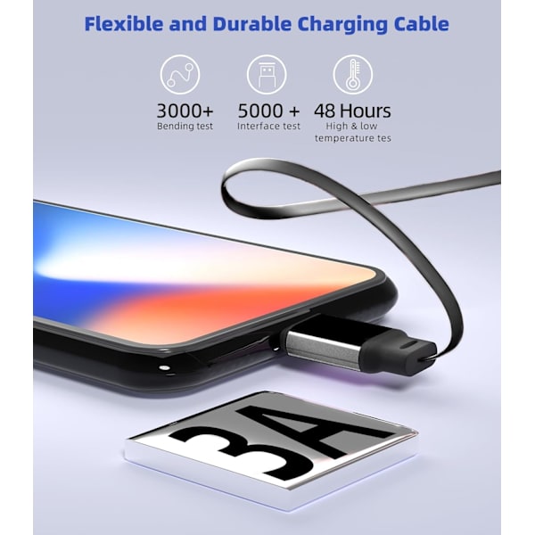 3-i-1 Retraktil Laddningskabel [3A, 1m] Multi USB-kabel Snabbladdare för Telefon, Samsung, iPad, Surfplattor, Switch och Mer Black