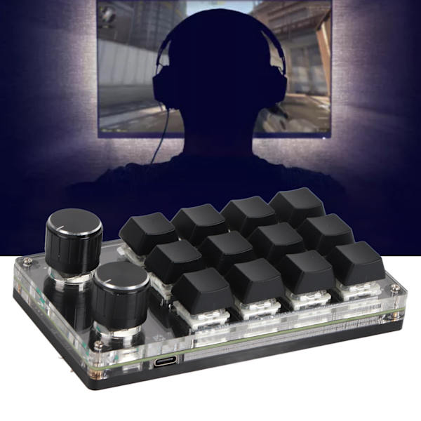 Programmerbar makro-tastatur 2 knotter blå bryter svart 12 taster mini tastatur med RGB for kontorspill musikk media