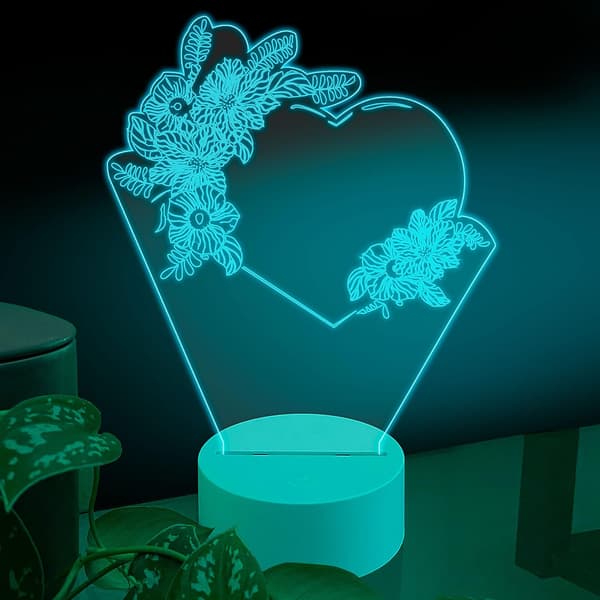 Kærlighed 3D LED Bordlampe, Hjerteformet Par med Eksotisk Blomst