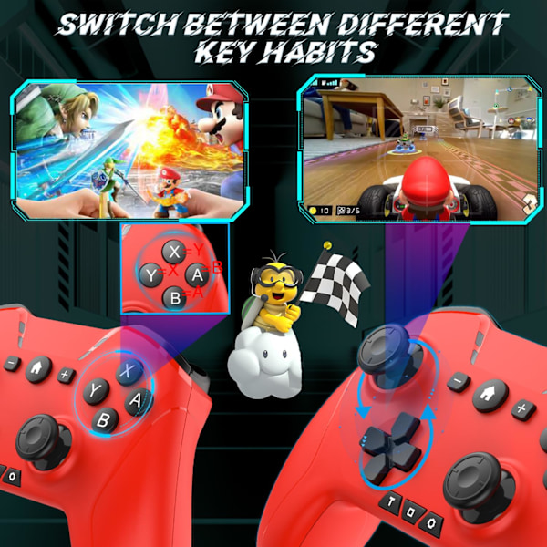 Bluetooth-kontroller for Switch/PC/Steam/Apple Arcade MFi-spill osv., Switch Pro-kontroller trådløs med justerbar dobbeltbevegelse, Turbo, makroer, 6-akser Red