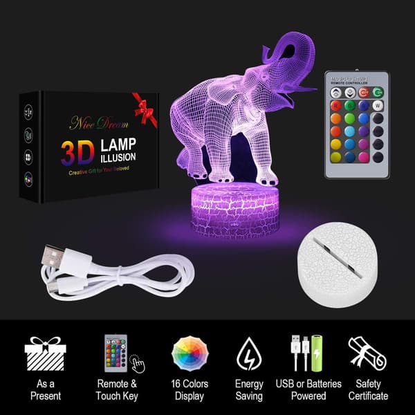Elefant 3D Illusionslampa, 3D Nattlampa för Barn, Elefantpresent