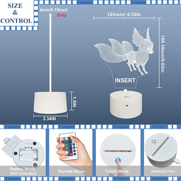 Fox 3D Lampe Natlys 3D Illusionslampe til Børn, 16 Farver