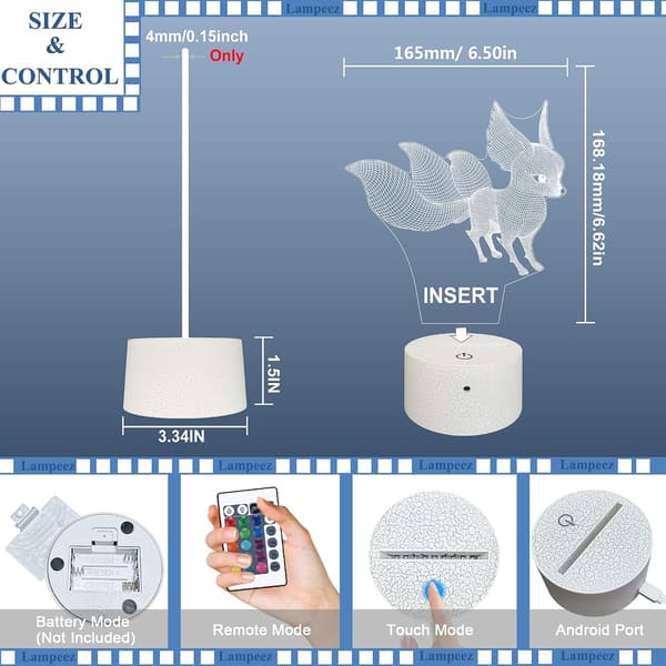 Fox 3D Lampe Nattlys 3D Illusjonslampe for Barn, 16 Farger