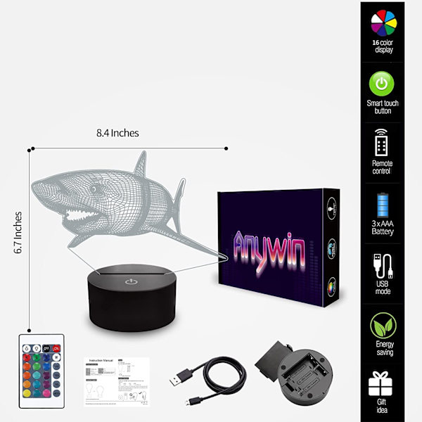 3D Haj Natthållare, Anywin 16 Färger Fjärrkontroll LED Lampa Rum Heminredning