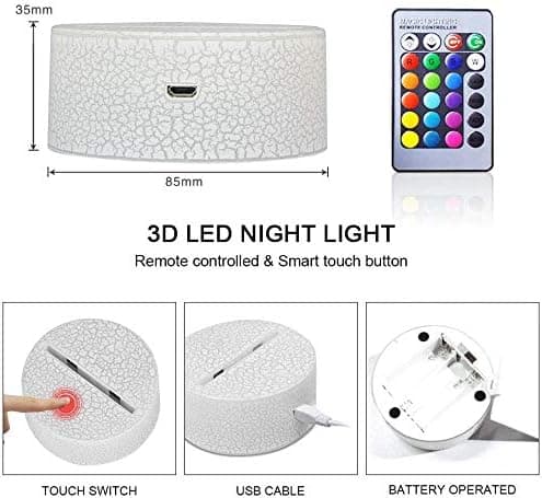 3D LED Illusjonslampe, Nattlys 16 Farger Dimbar USB-strøm