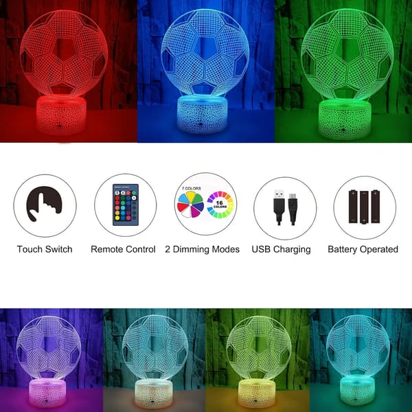 3D Illusion Natlampe, 16 farveskiftende fodboldlampe med