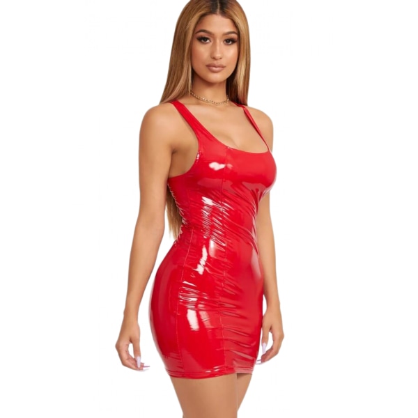 Justerbar rem latexklänning nattklubb festkläder (röd S)
