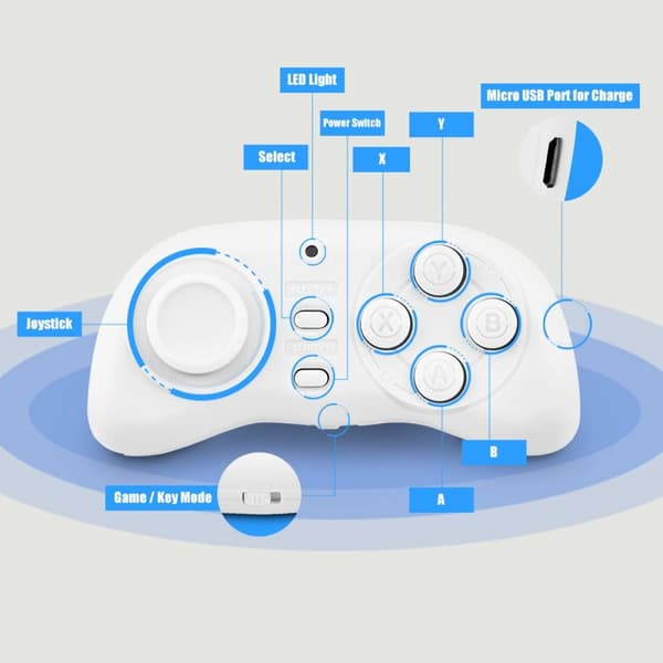 Trådløs Bluetooth spillkontroller, med automatisk lukkerfunksjon White