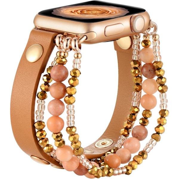 Armbånd i lær kompatibelt med Apple Watch 38mm 40mm 41mm for kvinner, pyntet elastisk smykkestropp med perler for Iwatch S10 & S Brown/Gold