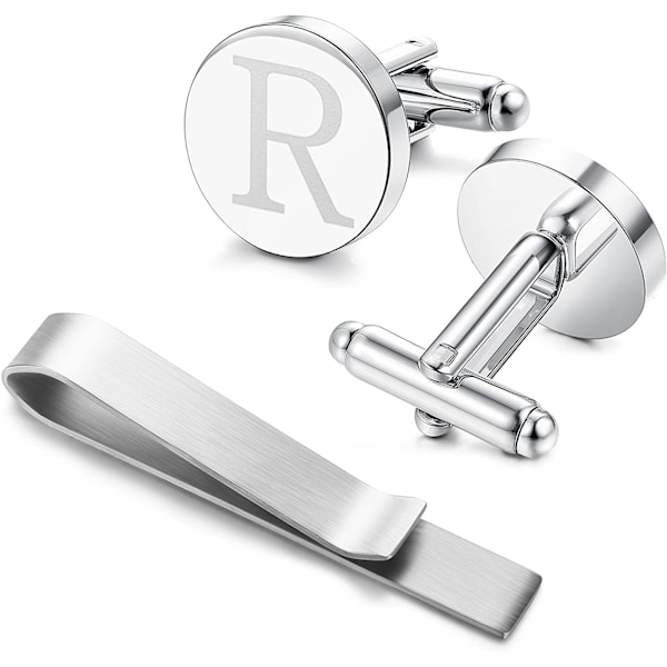 Mansjettknapper og slipsnål i rustfritt stål med gravert initial R
