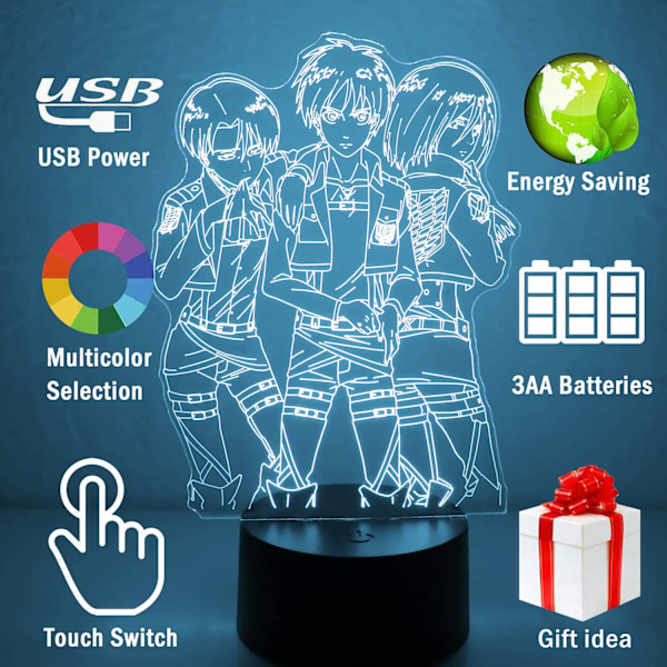 3D Illusion Attack On Titan Natlys, Bordlampe USB-drevet 7 Farver LED Natlys med Smart Touch Ideel til Japansk Anime Børn Fans Gave Roo